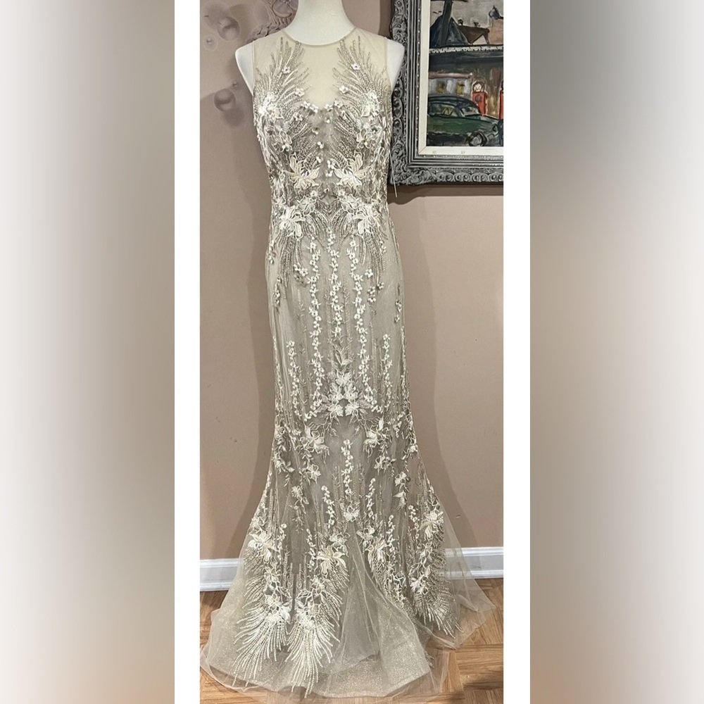 Teri Jon Metallic Sleeveless Embroidered Maxi Gown Size 6